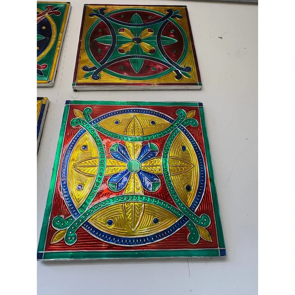 Pier 1 Imports Enamel Coasters Set of 4 Multi Color Stained Glass Style Square